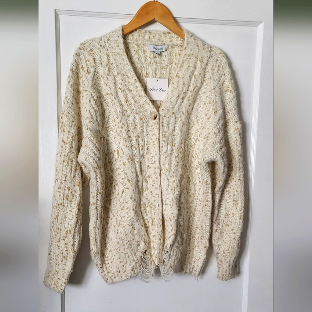 NWOT- Petal Dew- Cream/Gold Heathered Distressed Button Down Cardigan-size L